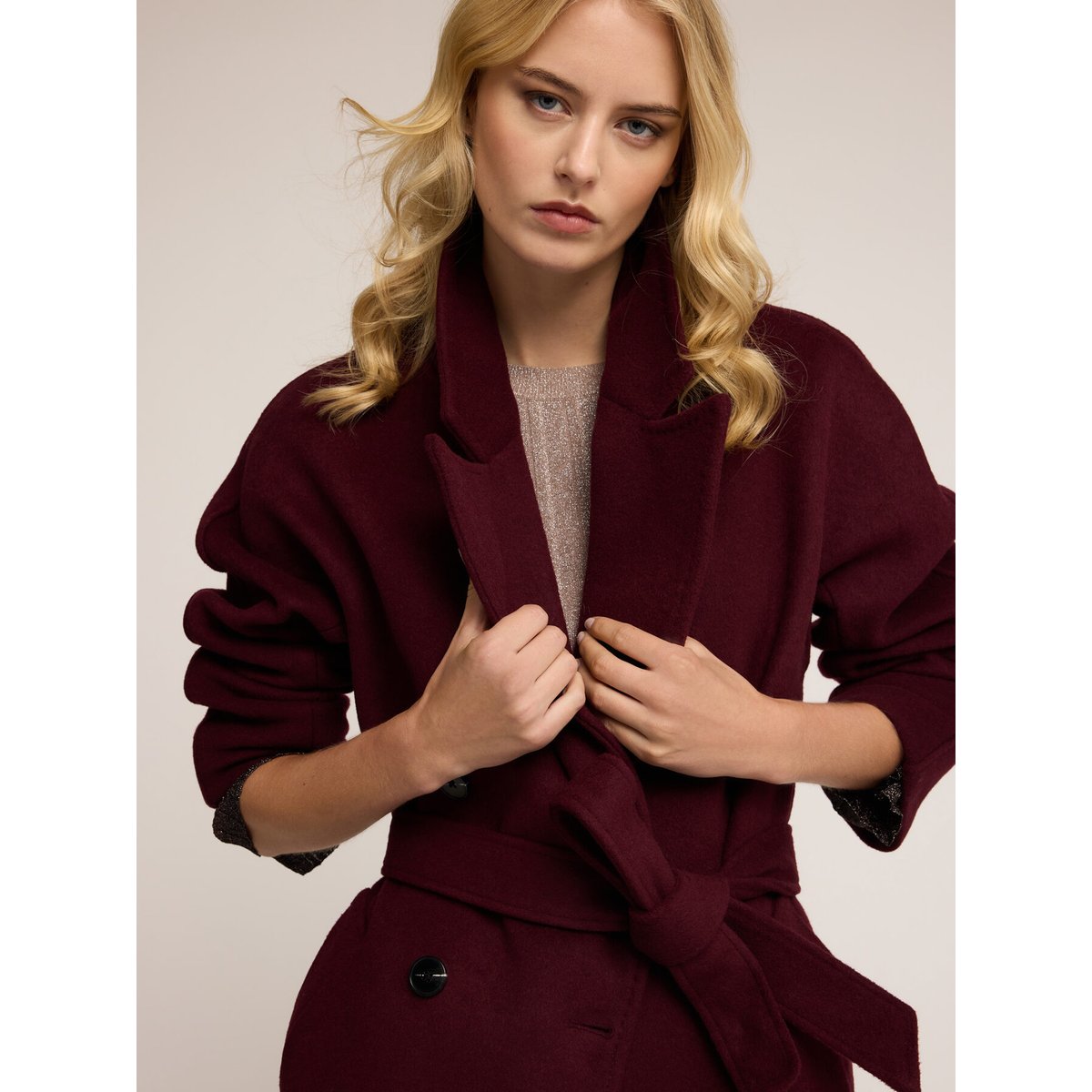 Manteau croisé en drap de laine mélangée burgundy, MOTIVI