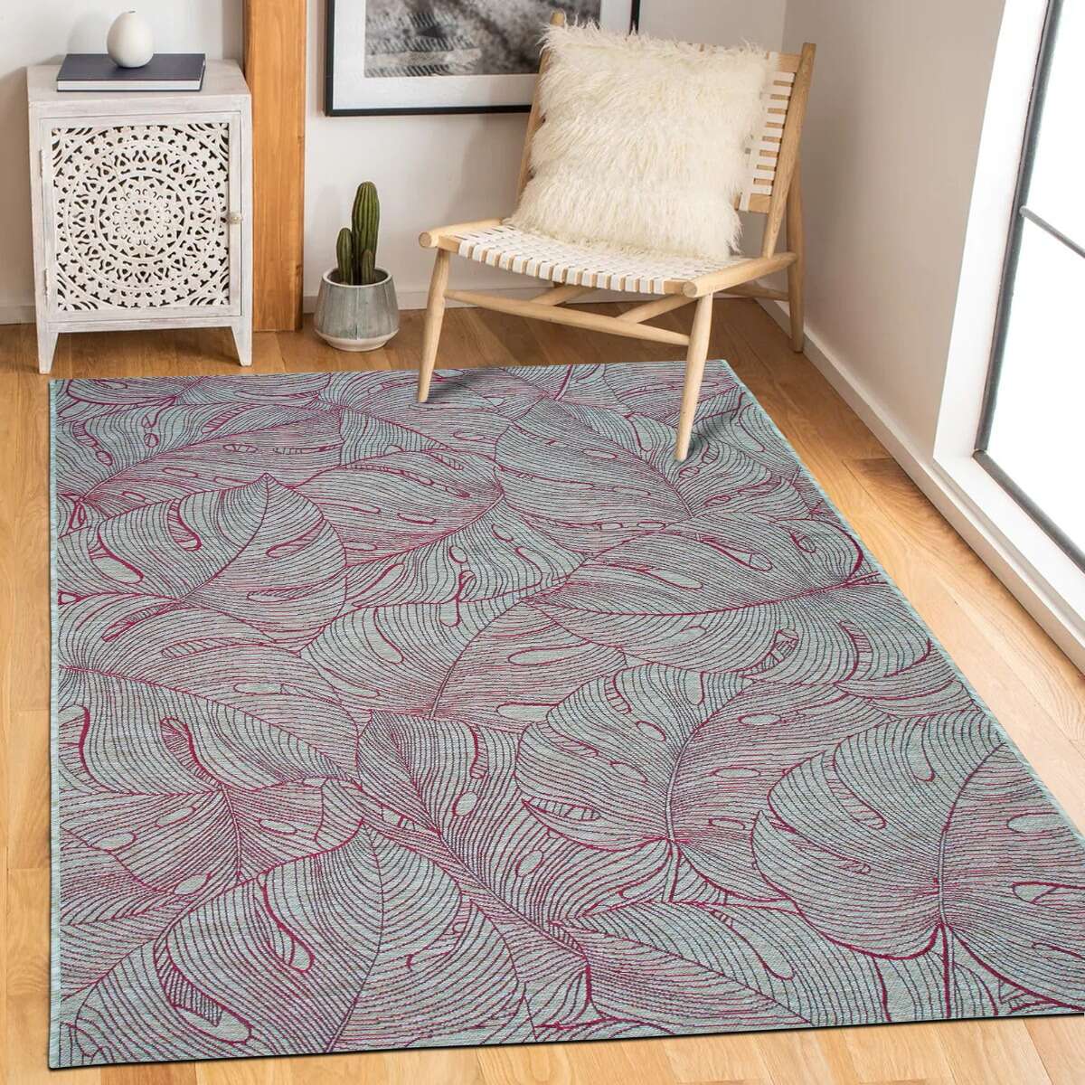 Tapis extérieur intérieur  bordeaux motif feuillage ORSA beige et bordeaux, THE DECO FACTORY