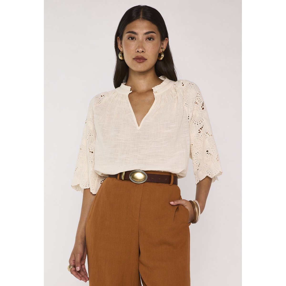 Blouse à manches 3/4 brodées en coton MASHA creme, Maison 123