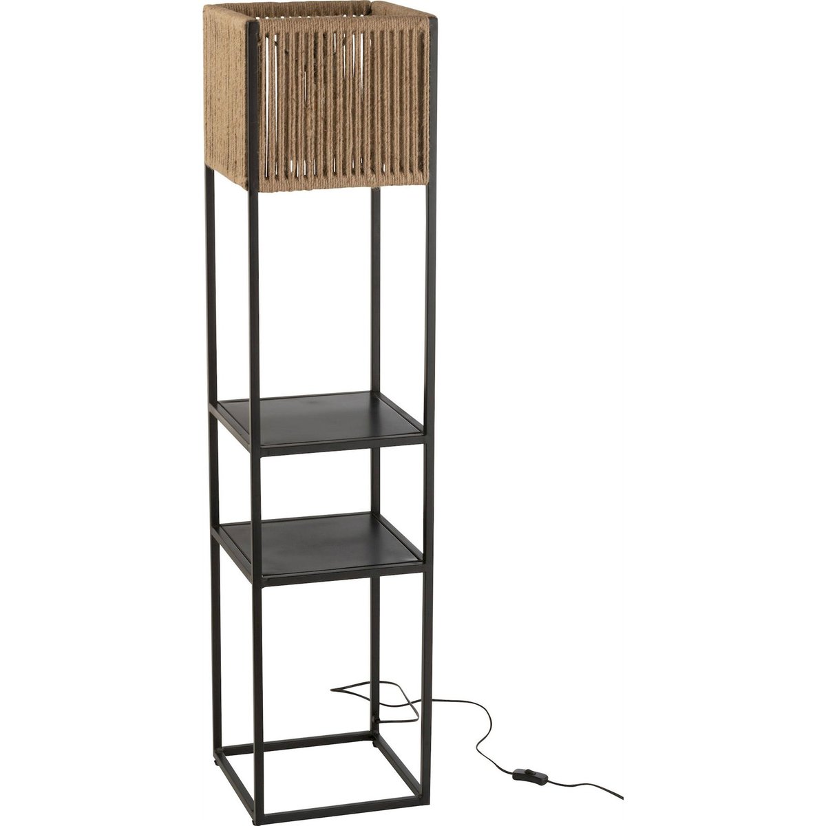 Lampadaire en métal avec abat-jour en jute et étagères noir mat et jute naturel, RECOLLECTION