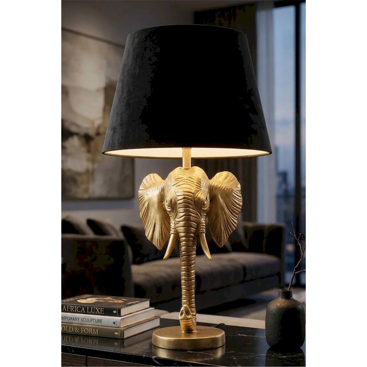 Lampe à poser éléphant socle en fer GLAM doré et noir, RECOLLECTION