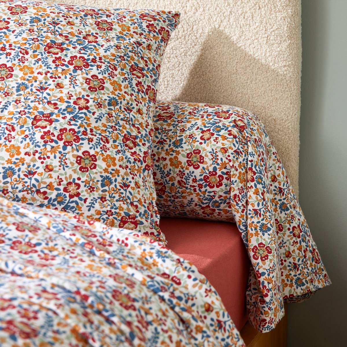 Parure de lit 2 pièces flanelle de coton floral housse + taie rouge, TRADILINGE