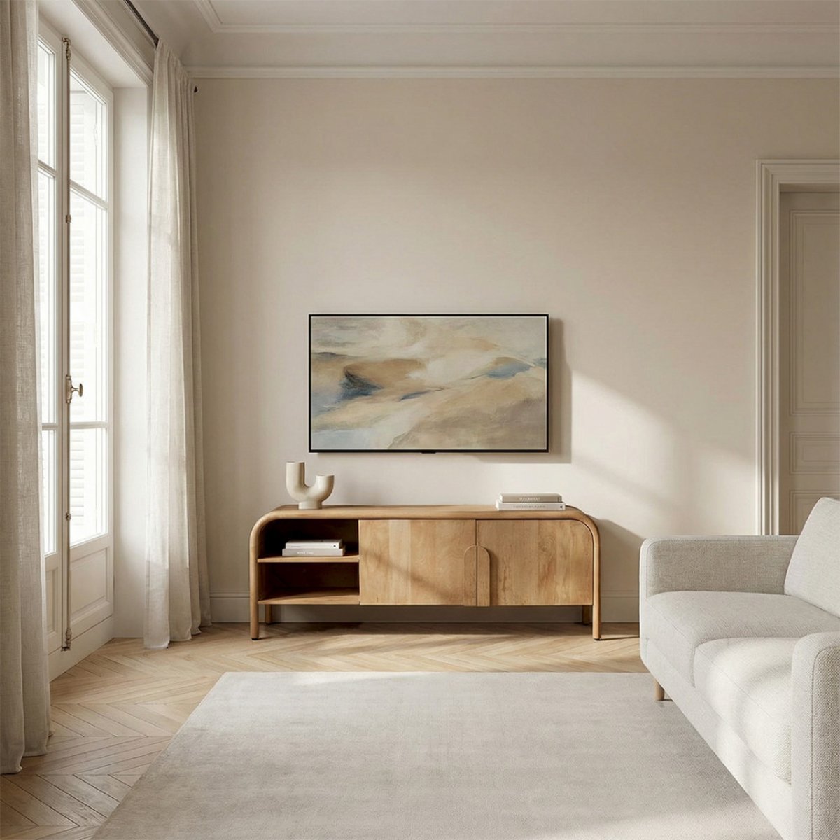 Meuble TV 2 portes en bois massif L150cm- BALI bois clair, DRAWER