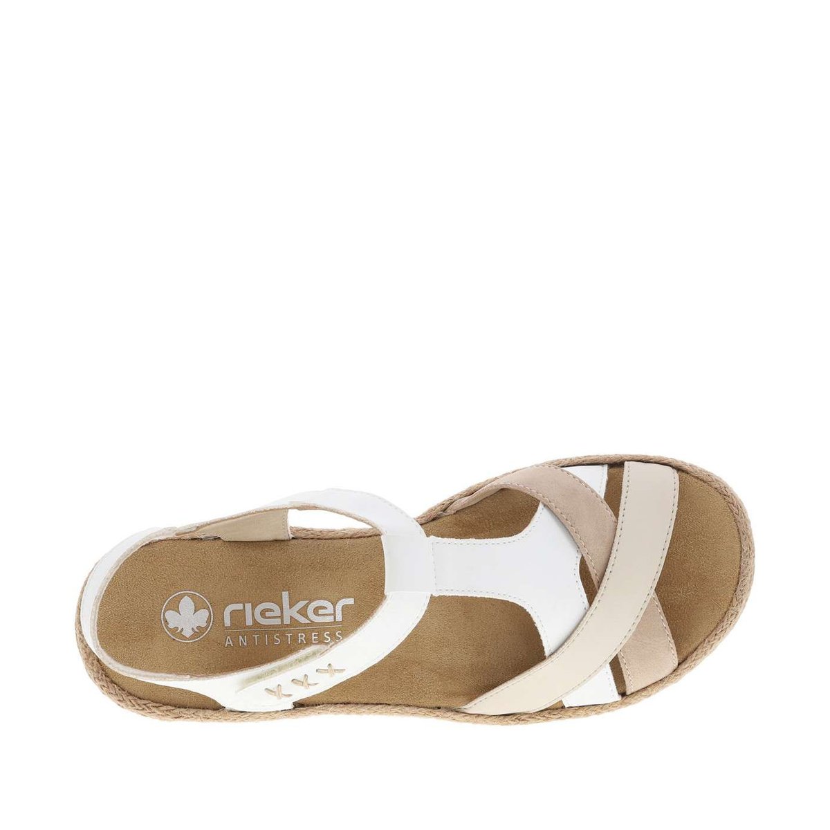 Nu-pieds kaki à semelle compensée avec une bande auto-agrippante blanc, RIEKER