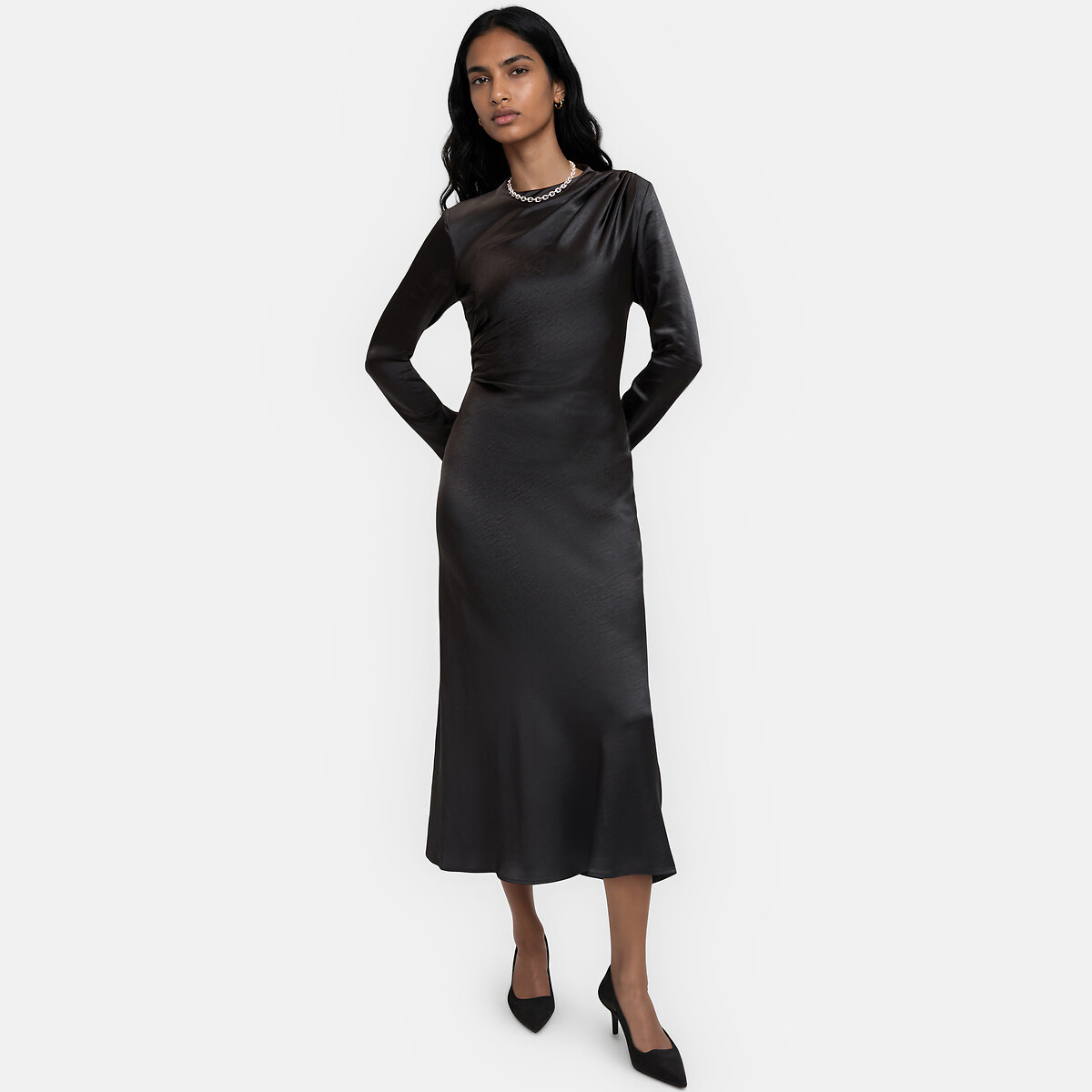 Robe longue drapée, manches longues, en satin noir, LA REDOUTE COLLECTIONS