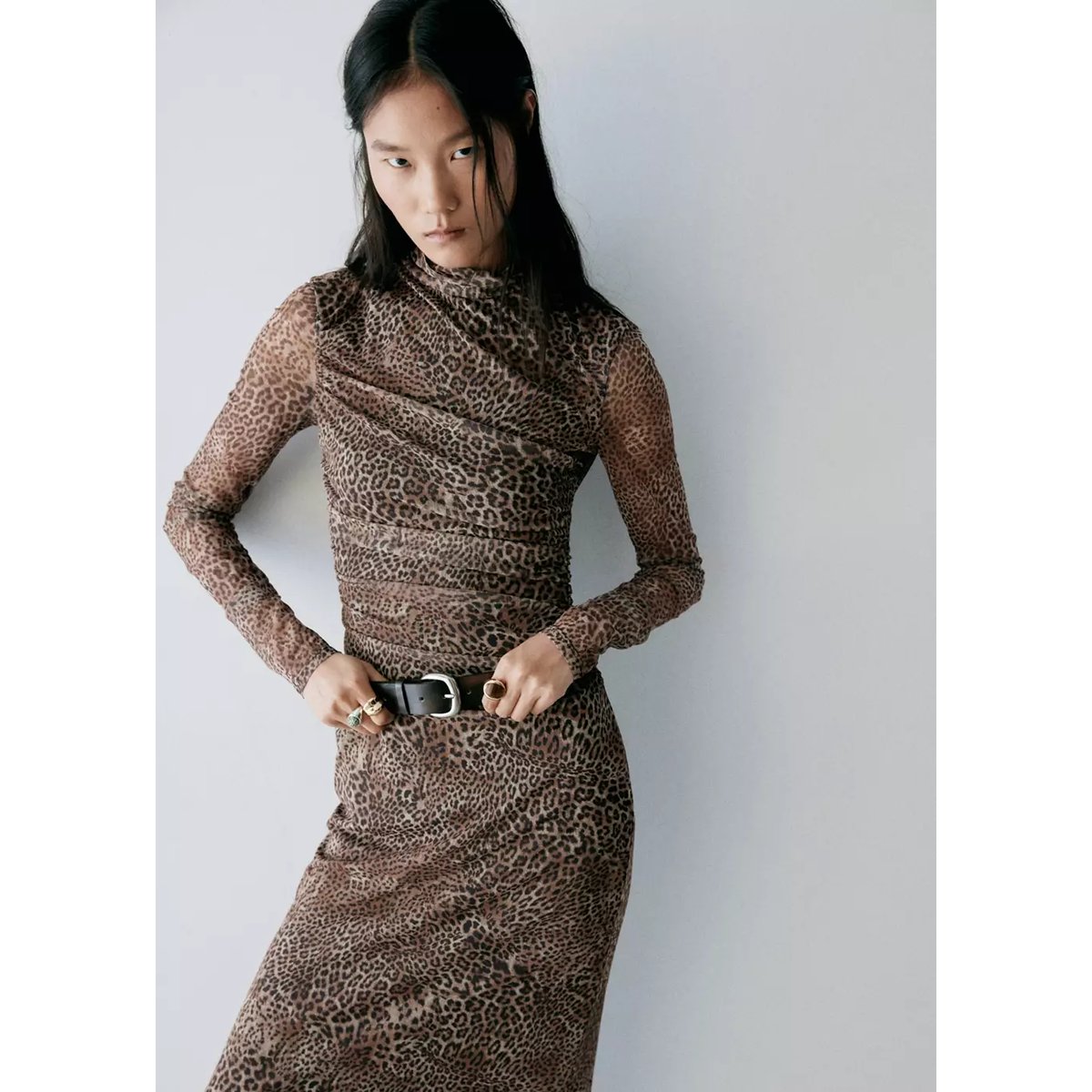 Robe imprimé animal à fronces marron, MANGO