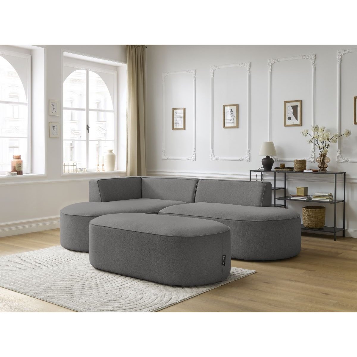 Canapé d'angle fixe 5 places en tissu chiné avec pouf, ROUSSEAU gris foncé, BOBOCHIC