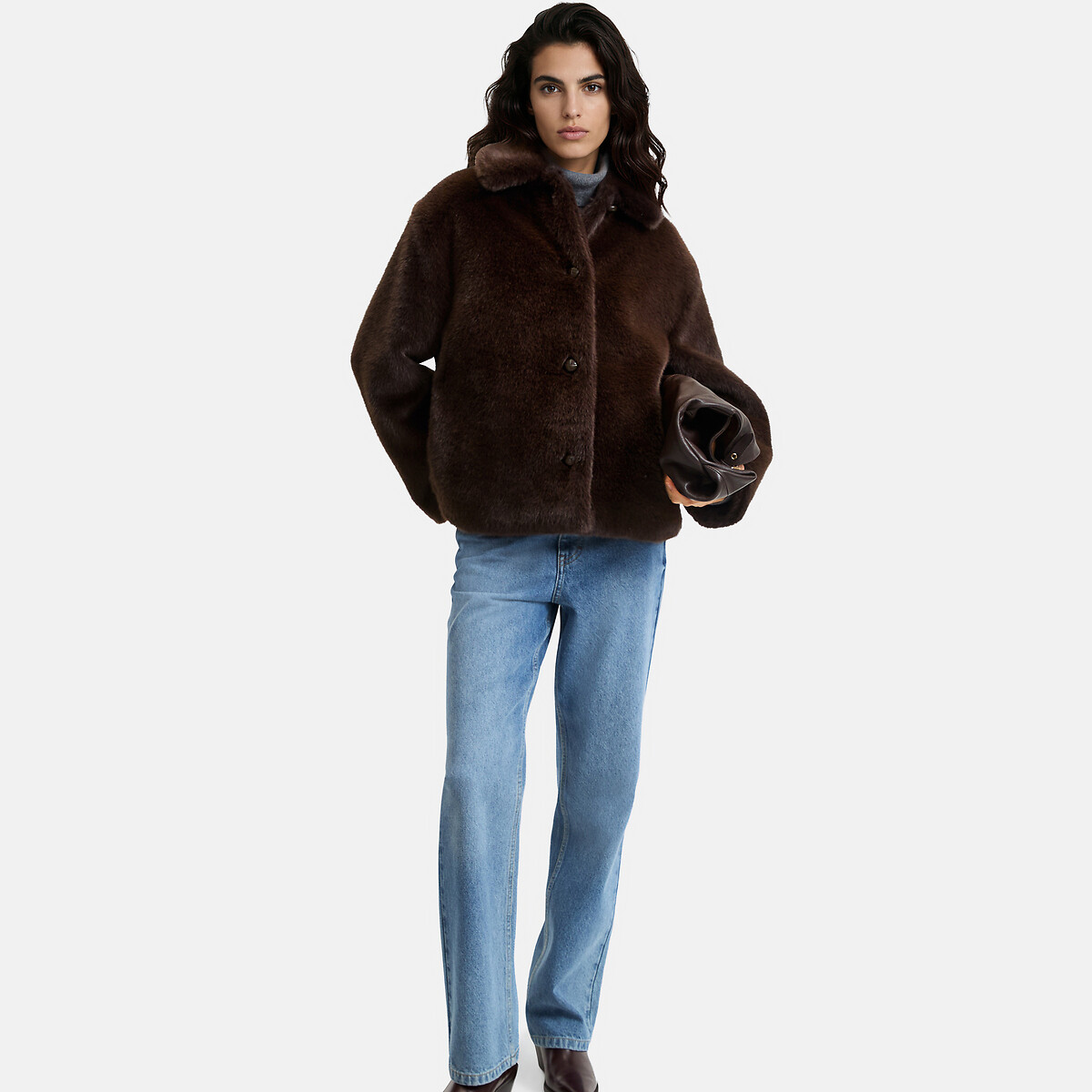 Manteau duveteux, mi-long marron, LA REDOUTE COLLECTIONS