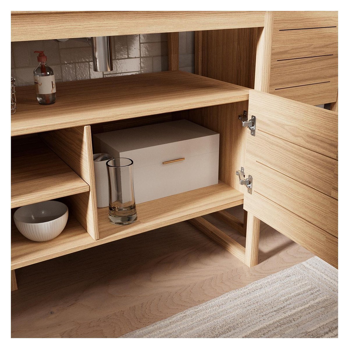 Ensemble meuble double vasque 140 cm + Vasques + Robinets + Miroir + Colonne ATOLL chêne - mdf - mat, MOB IN
