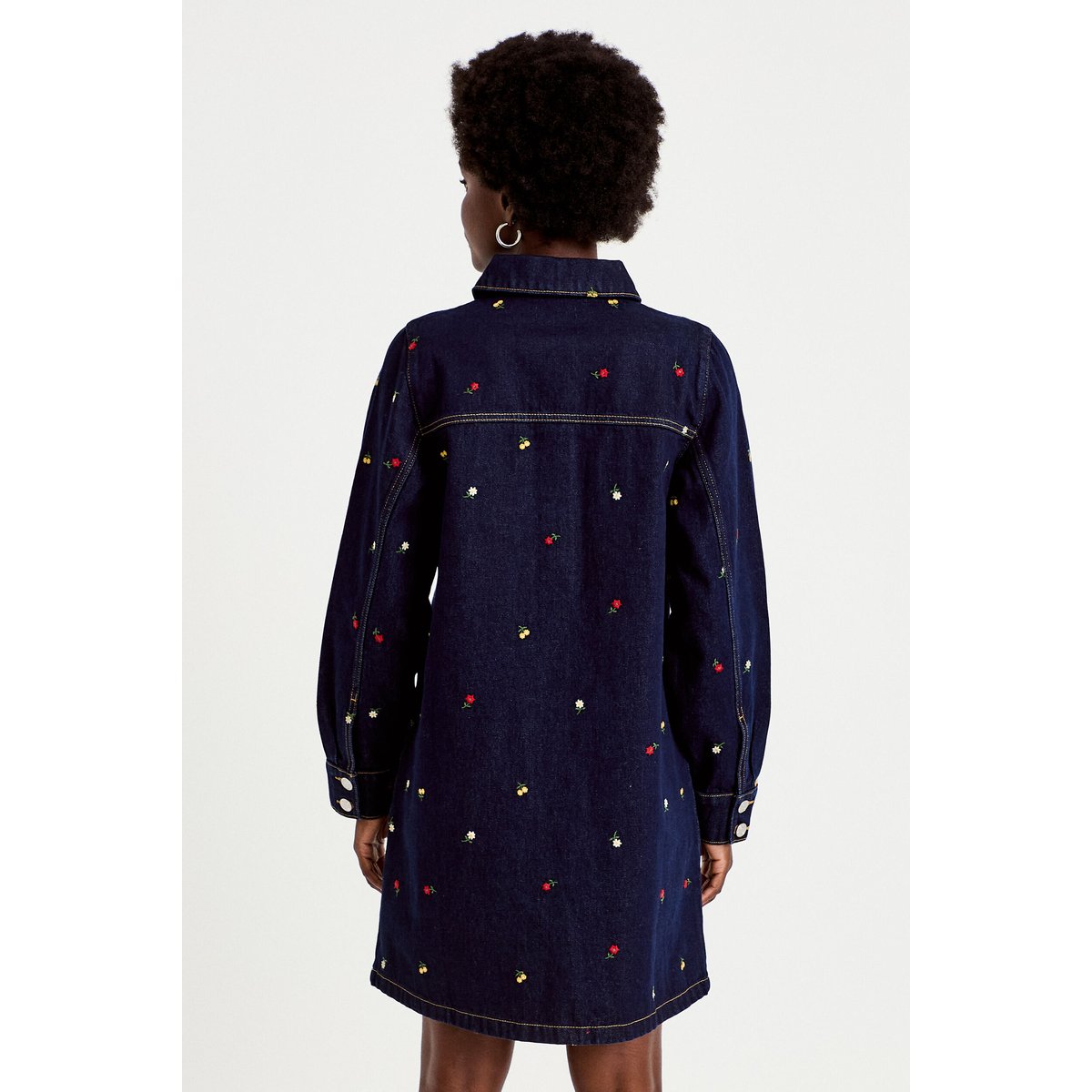 Robe courte évasée en jean brodée bleu marine, CACHE CACHE