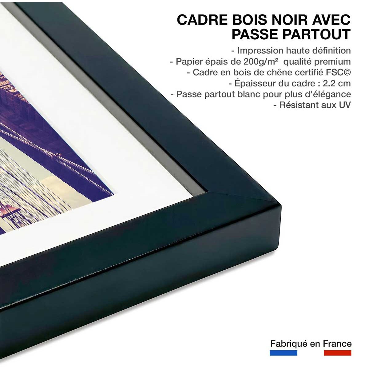 Affiche photo sunshine sur brooklyn affiche + cadre en bois - noir, HEXOA