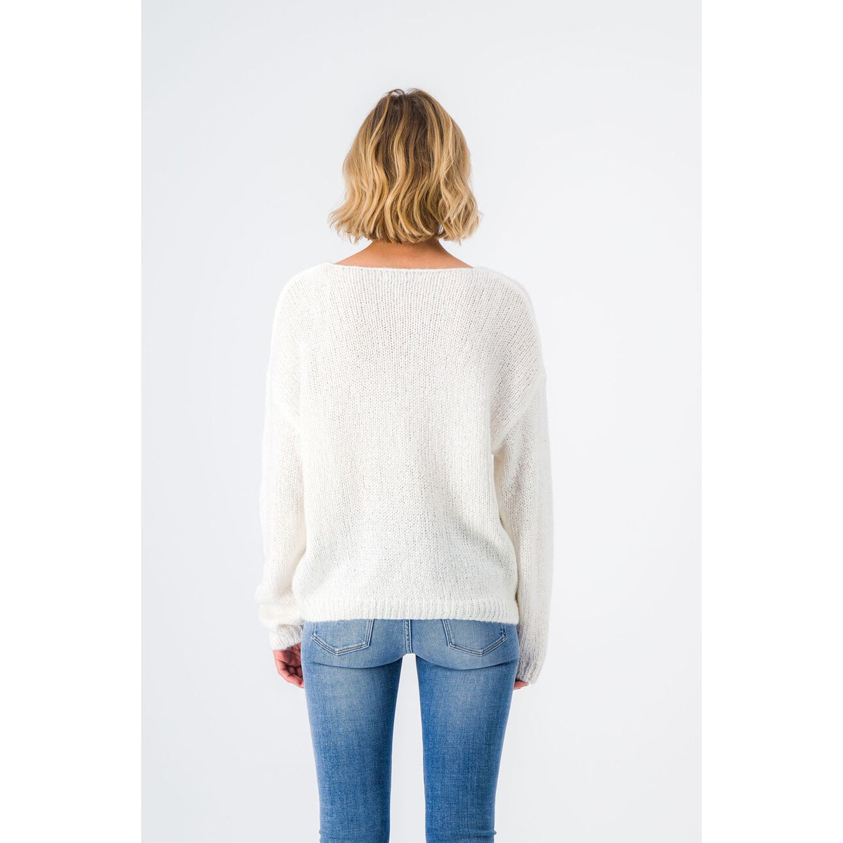 Pull col v laine mohair blanc, TEDDY SMITH