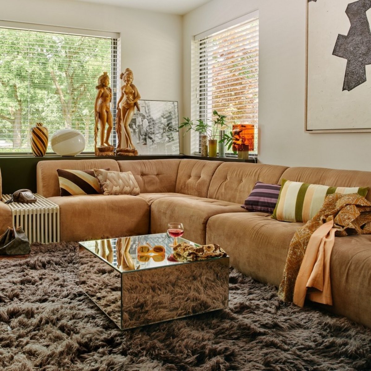 Coussin salon velours rayures Fields vert, HKLIVING