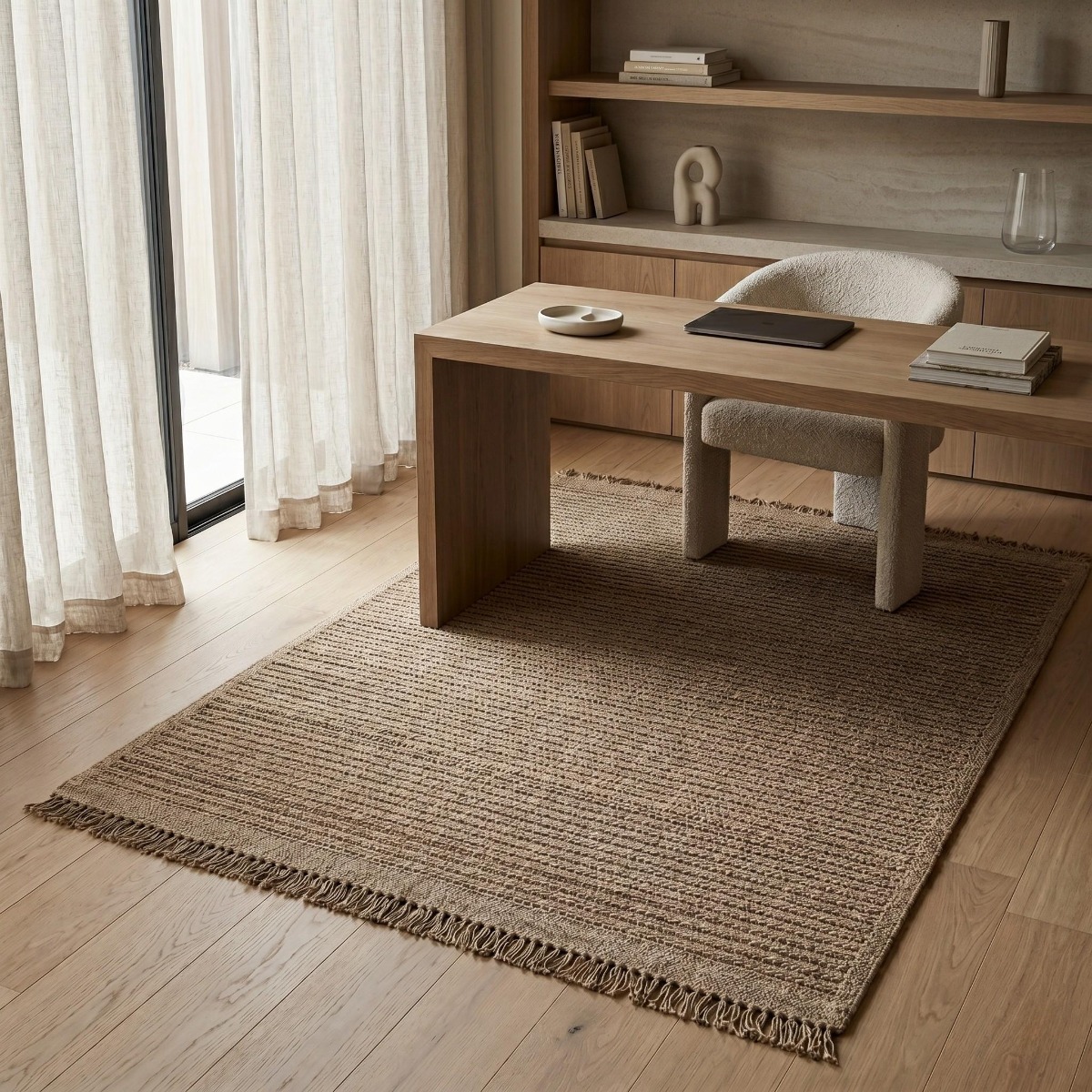 Tapis jute artisanal à franges JUTE NATUREL - style bohème beige, THE DECO FACTORY
