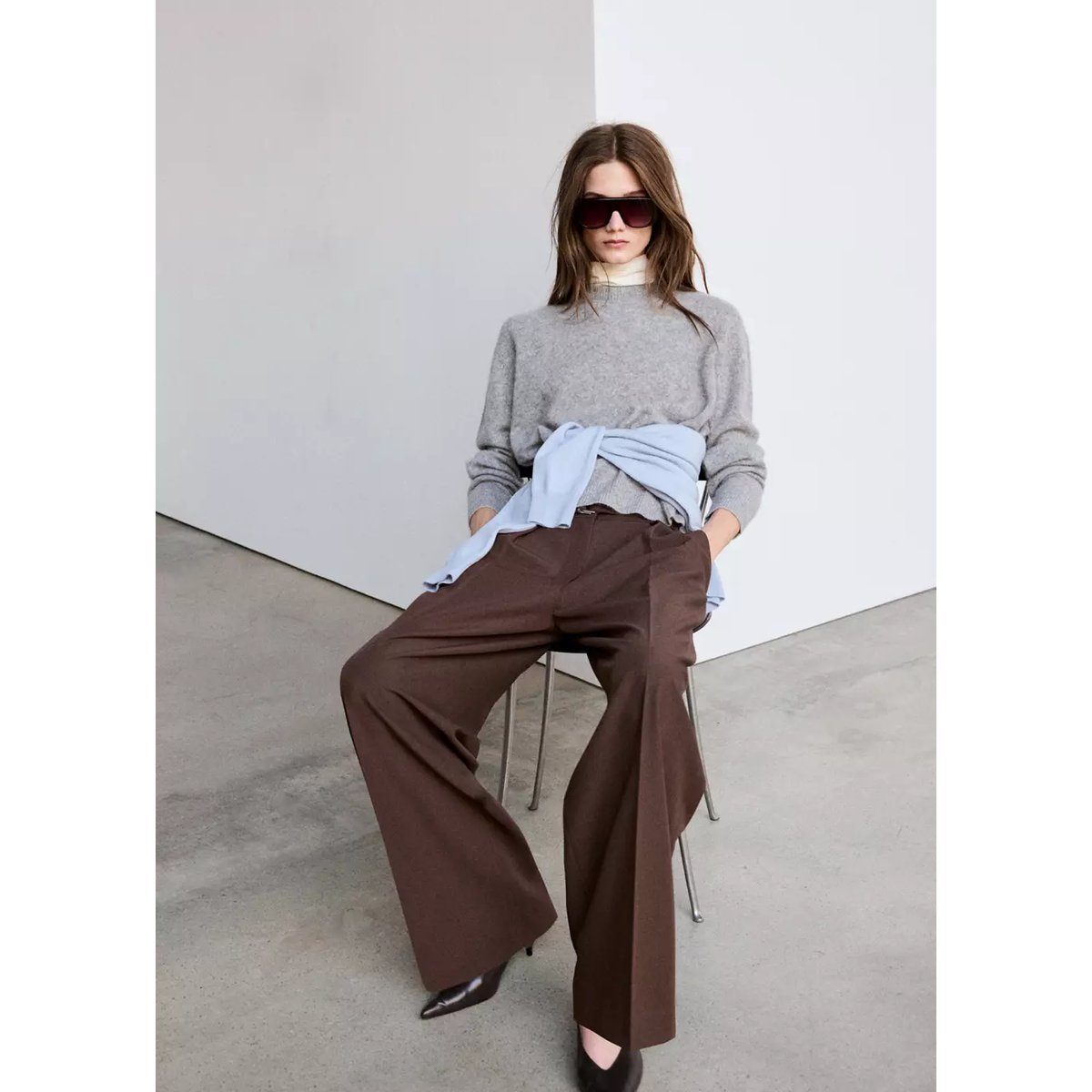 Pantalon wideleg ceinture marron, MANGO