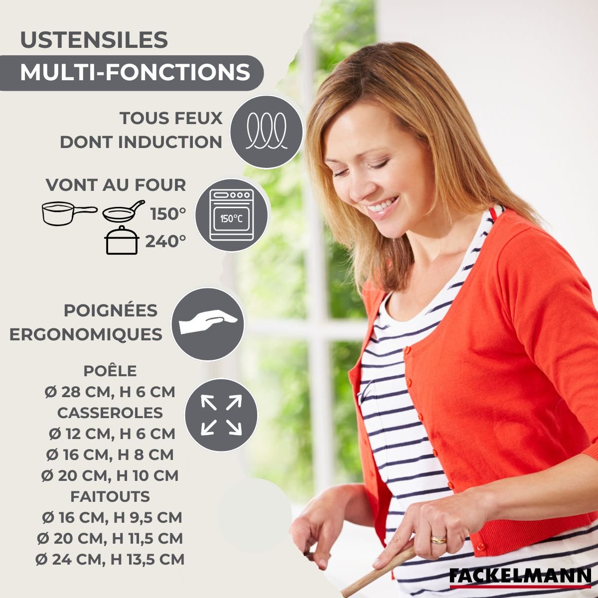 1 poêle 5, 3 faitouts 16/20/24, 3 casseroles 12/16/20 BRILLANT inox|noir, FACKELMANN