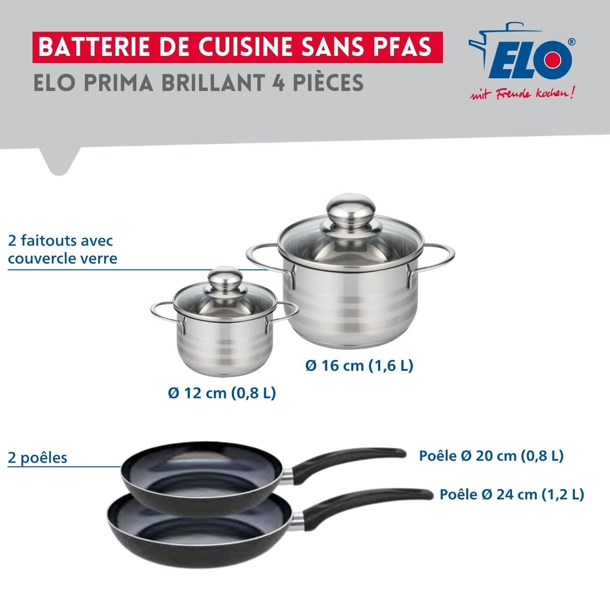 Batterie 2 poêles 20/24cm + 2 faitouts 12/16cm PRIMA BRILLANT noir, ELO