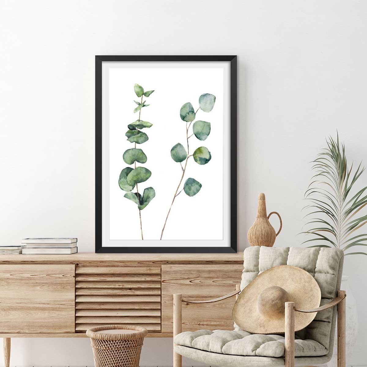 Affiche nature aquarelle feuille d' eucalyptus affiche + cadre en bois - noir, HEXOA