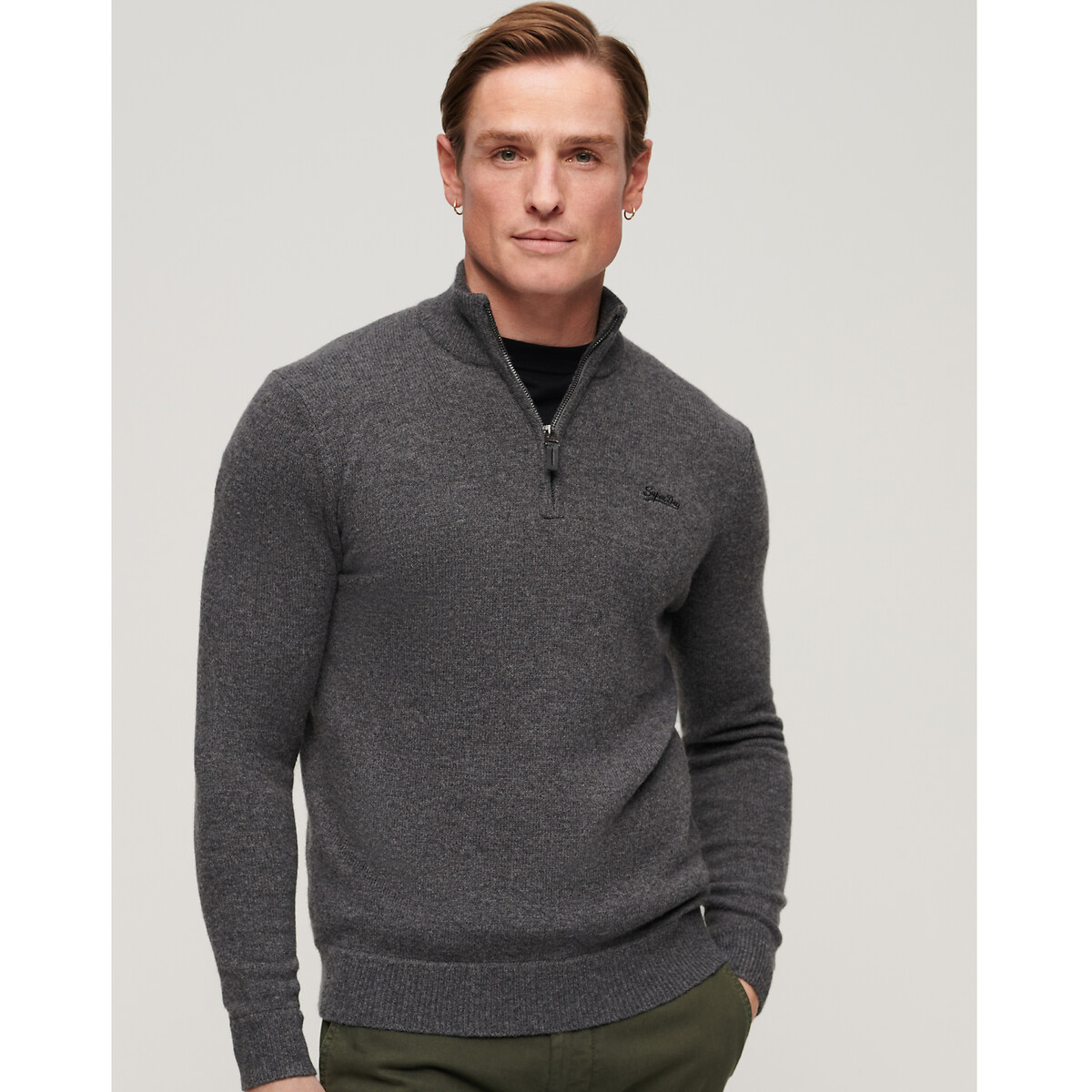 Pull brodé demi-zippé Essential gris, SUPERDRY