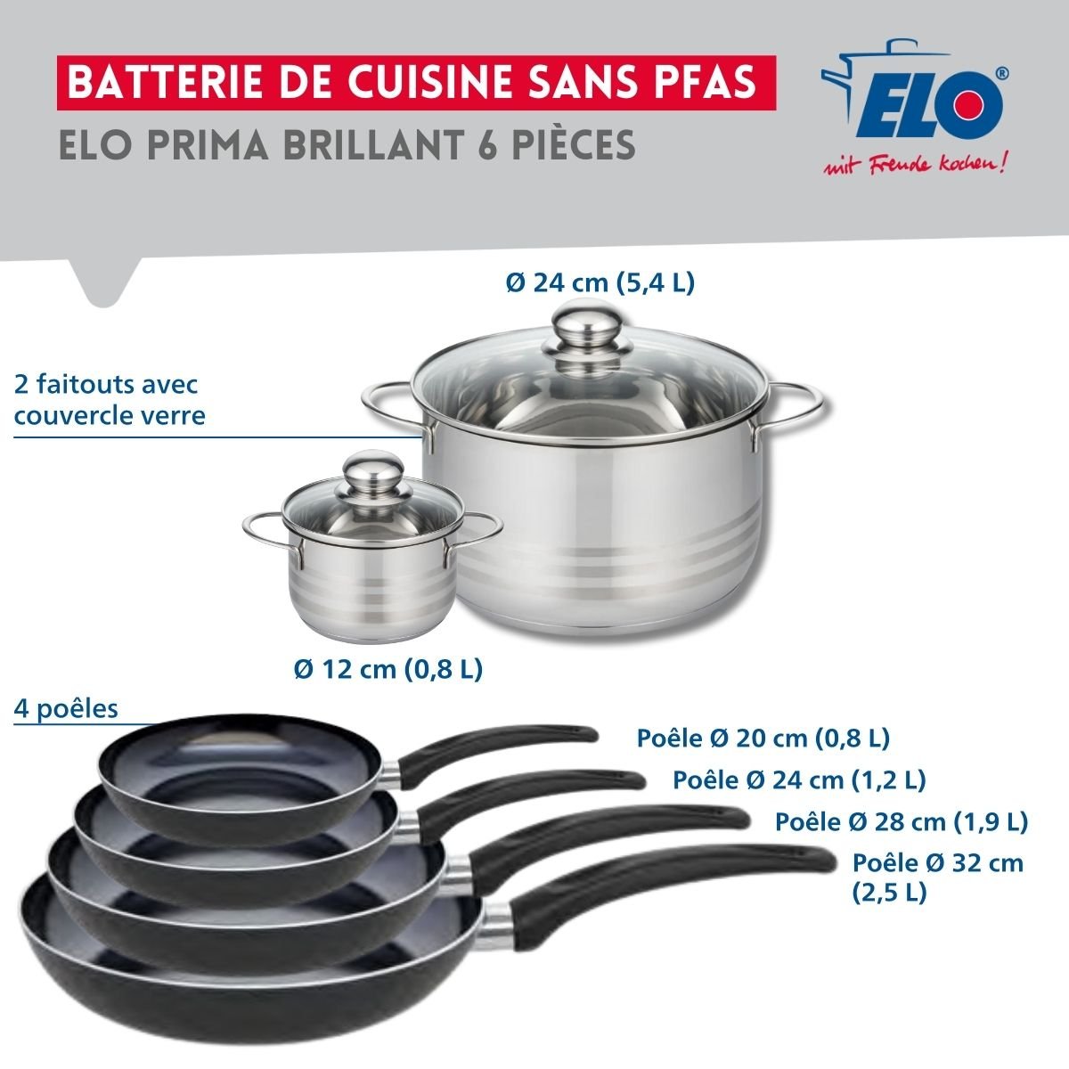 4 poêles 20/24/28/32cm + 2 faitouts 12/24cm PRIMA BRILLANT noir, ELO