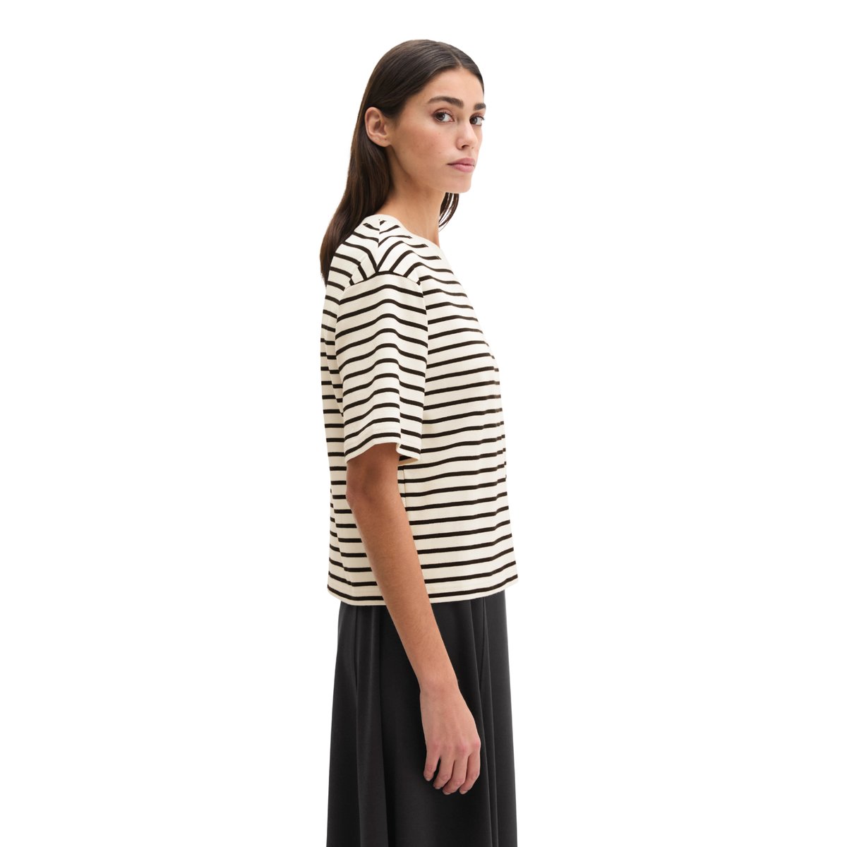 T-shirt rayé relaxed en jersey interlock léger blanc, MARC O'POLO