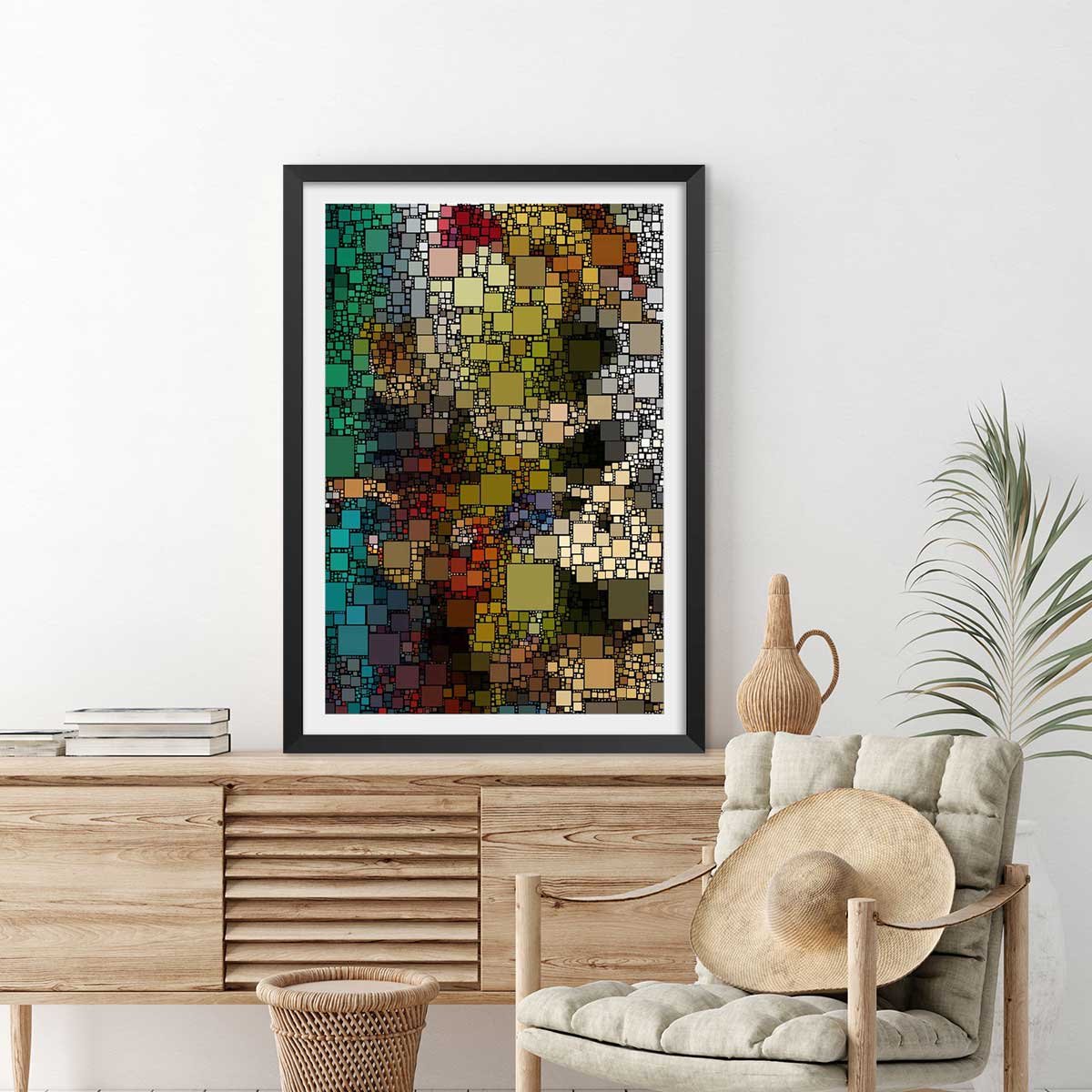 Affiche vitraux sagrada familia affiche + cadre en bois - noir, HEXOA