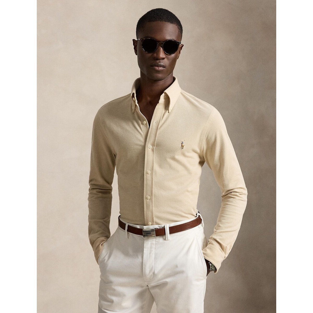 Camicia ultraleggera in cotone piqué beige, POLO RALPH LAUREN