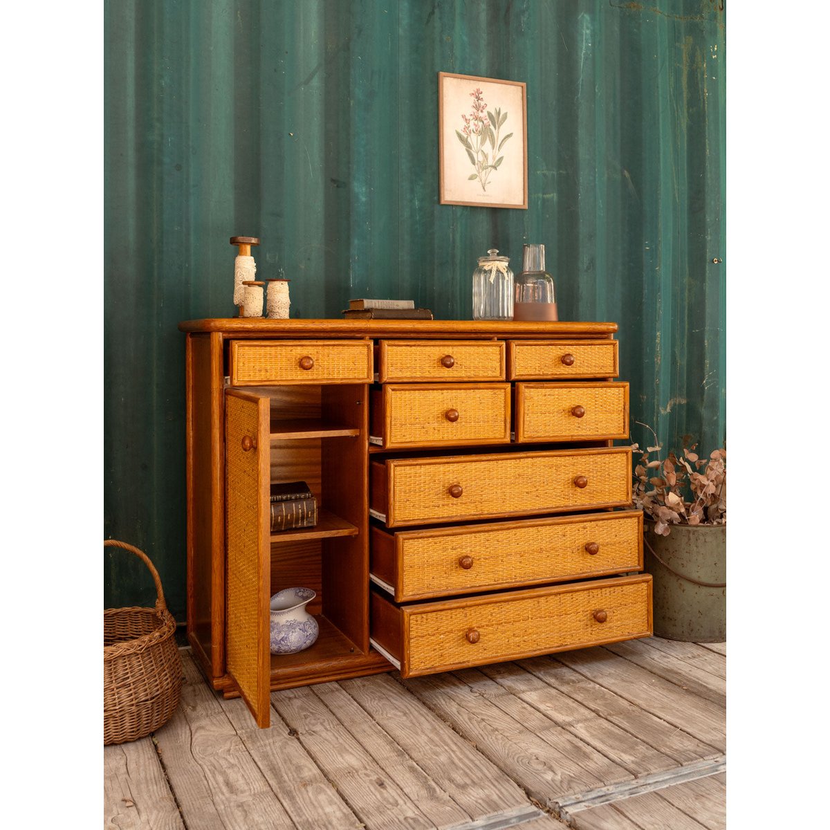 Commode en rotin Garance N°704 - Bon état bois foncé, DEBONGOUT