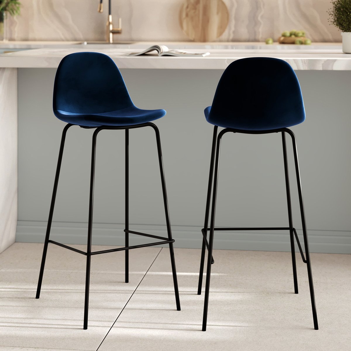 Lot de 2 chaises de bar 75 cm en velours - HENRIK bleu foncé, MAISON PAVANE