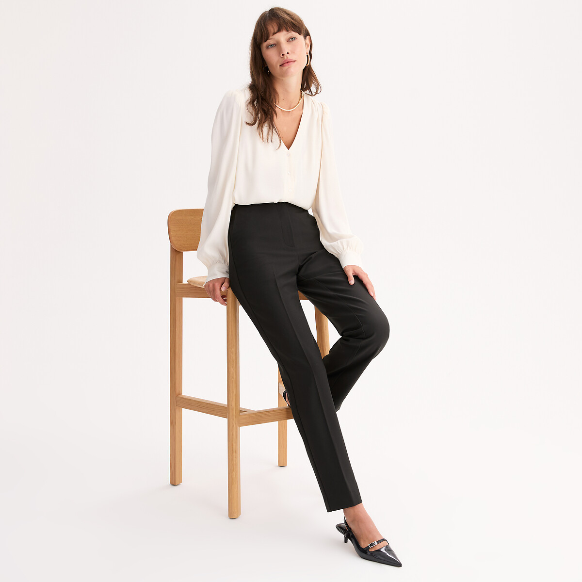 Pantalon droit, polyviscose stretch noir, ANNE WEYBURN