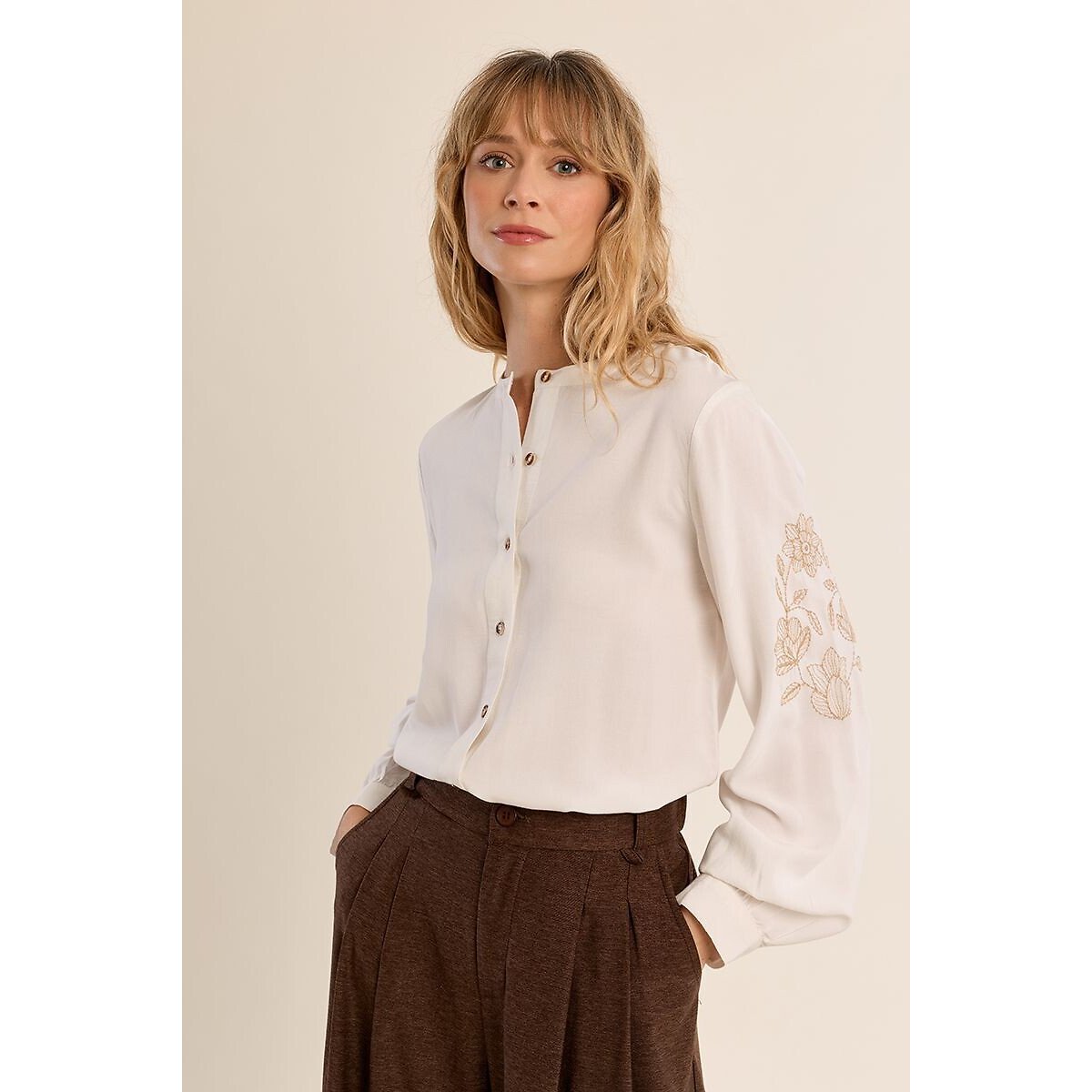 Blouse avec détail broderie aux manches blanc, MOLLY BRACKEN