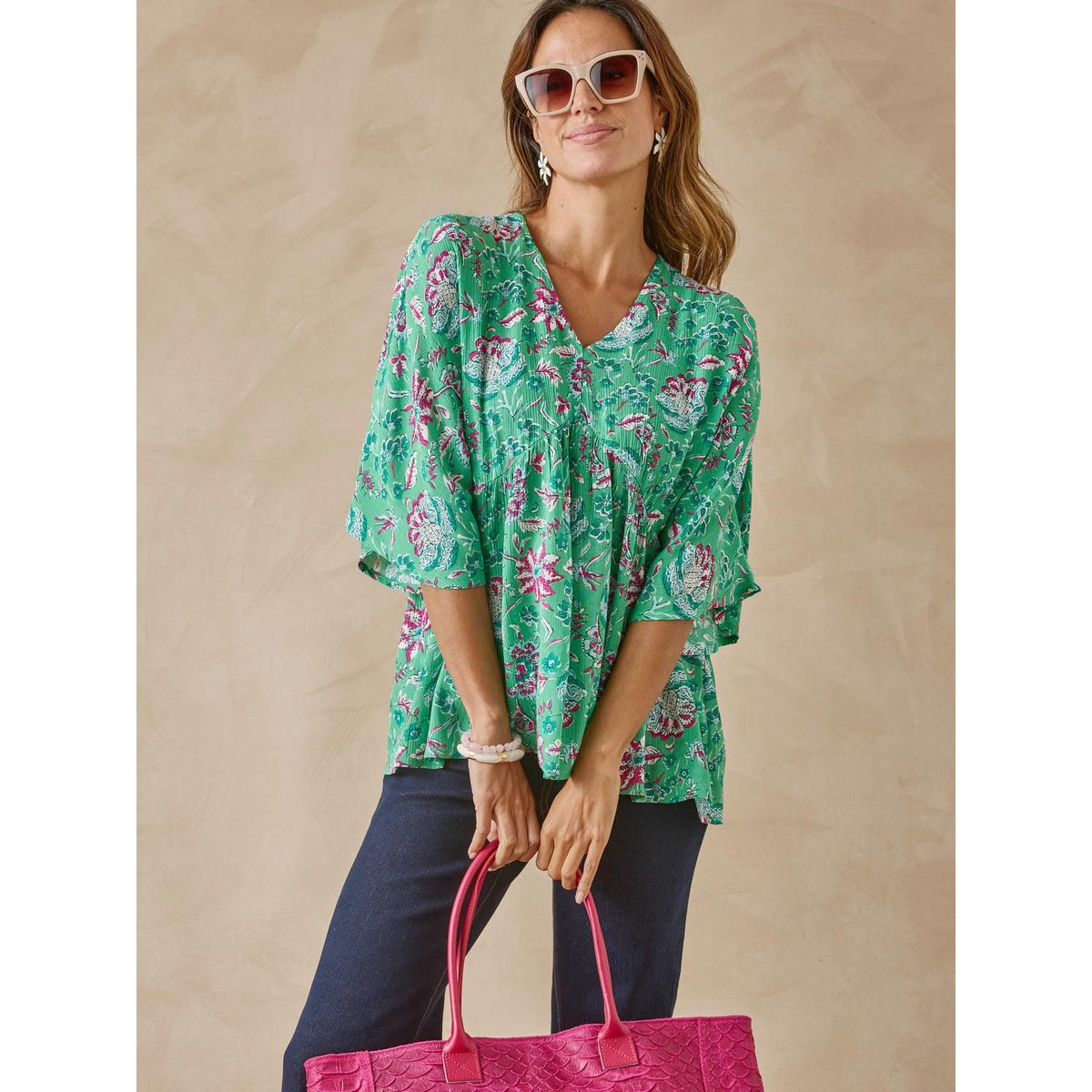 Blouse fluide coupe ample imprimé fond vert, DAXON