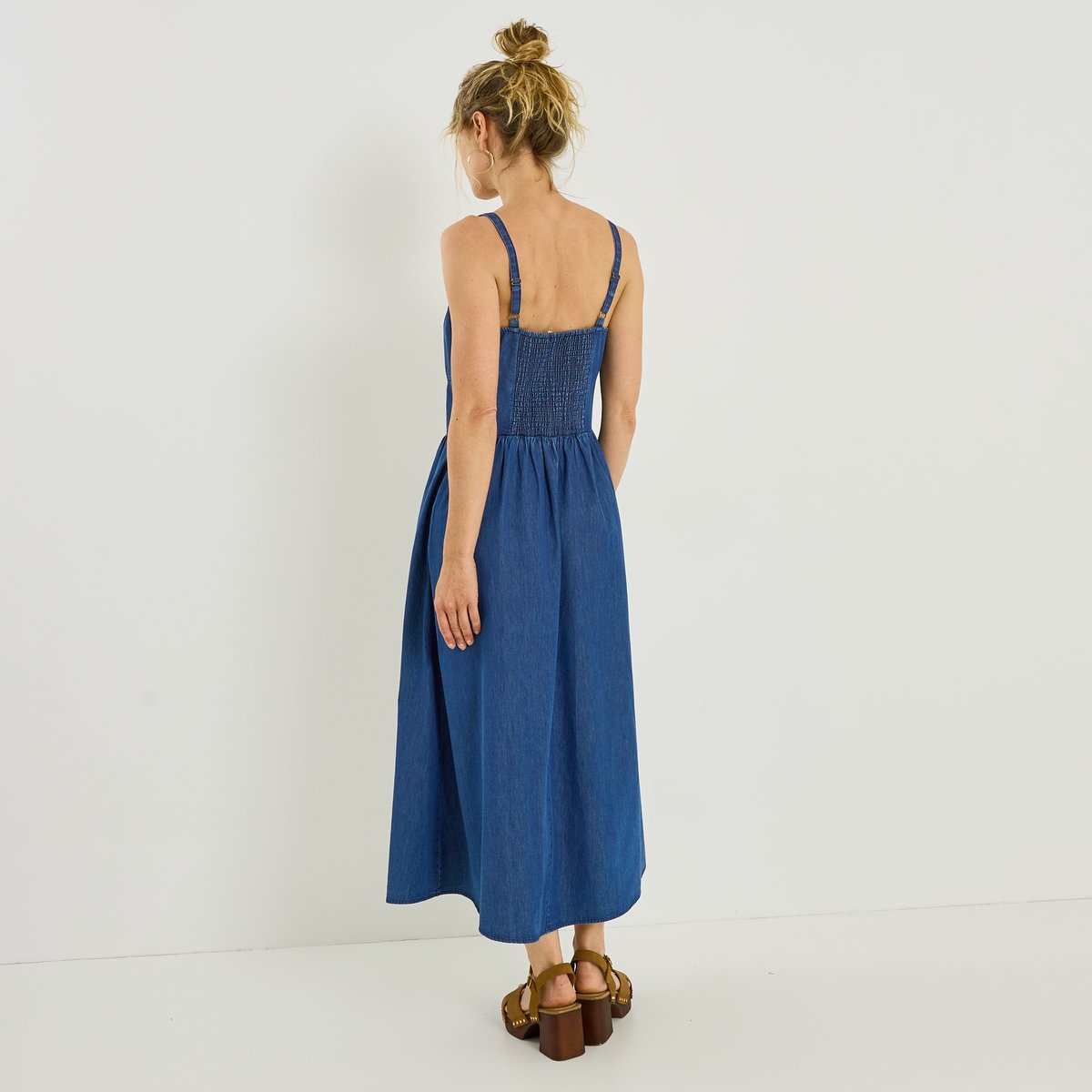 Robe longue en jean à bretelles fines bleu stone, GRAIN DE MALICE