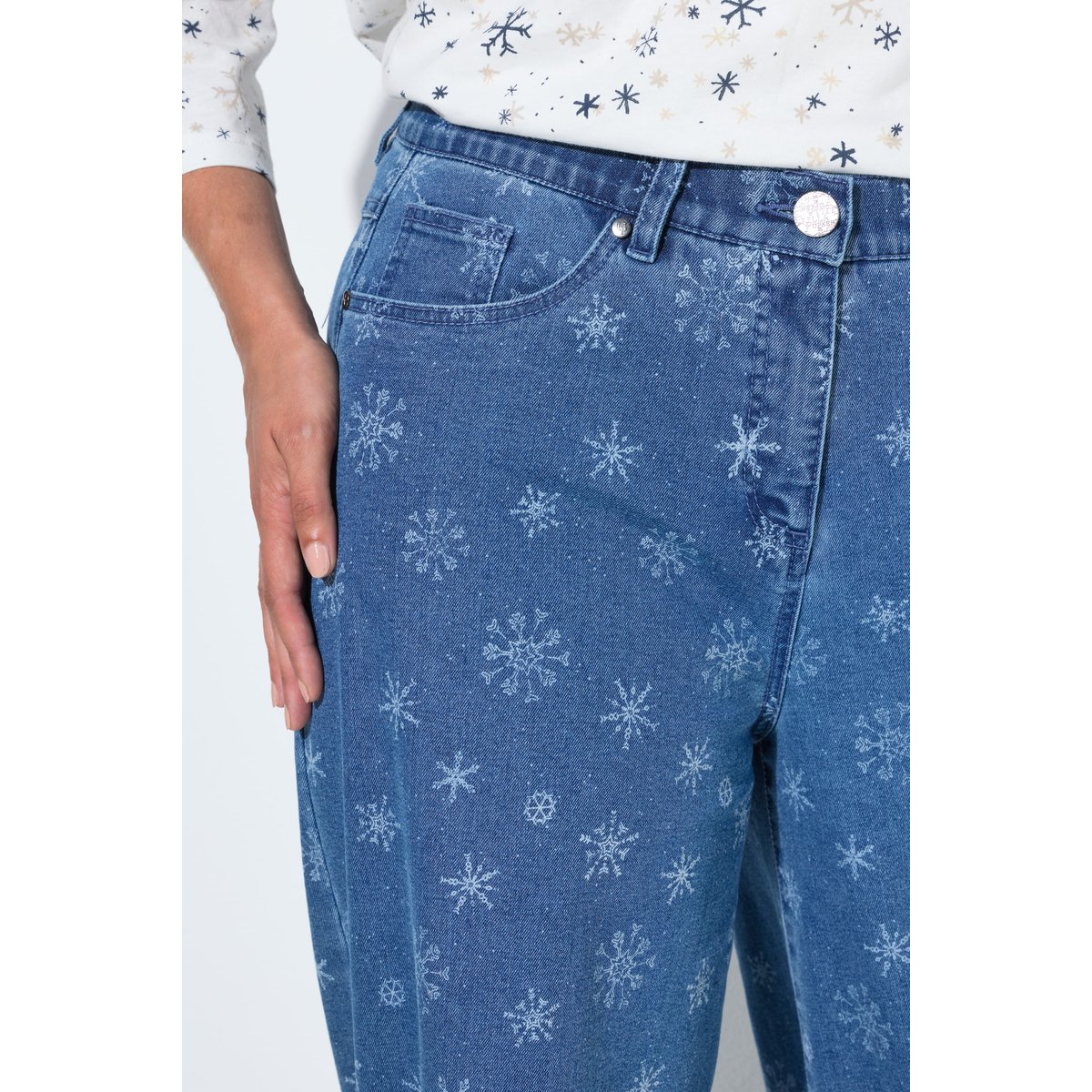 Jean Mary, motif flocons de neige bleu jean, ULLA POPKEN