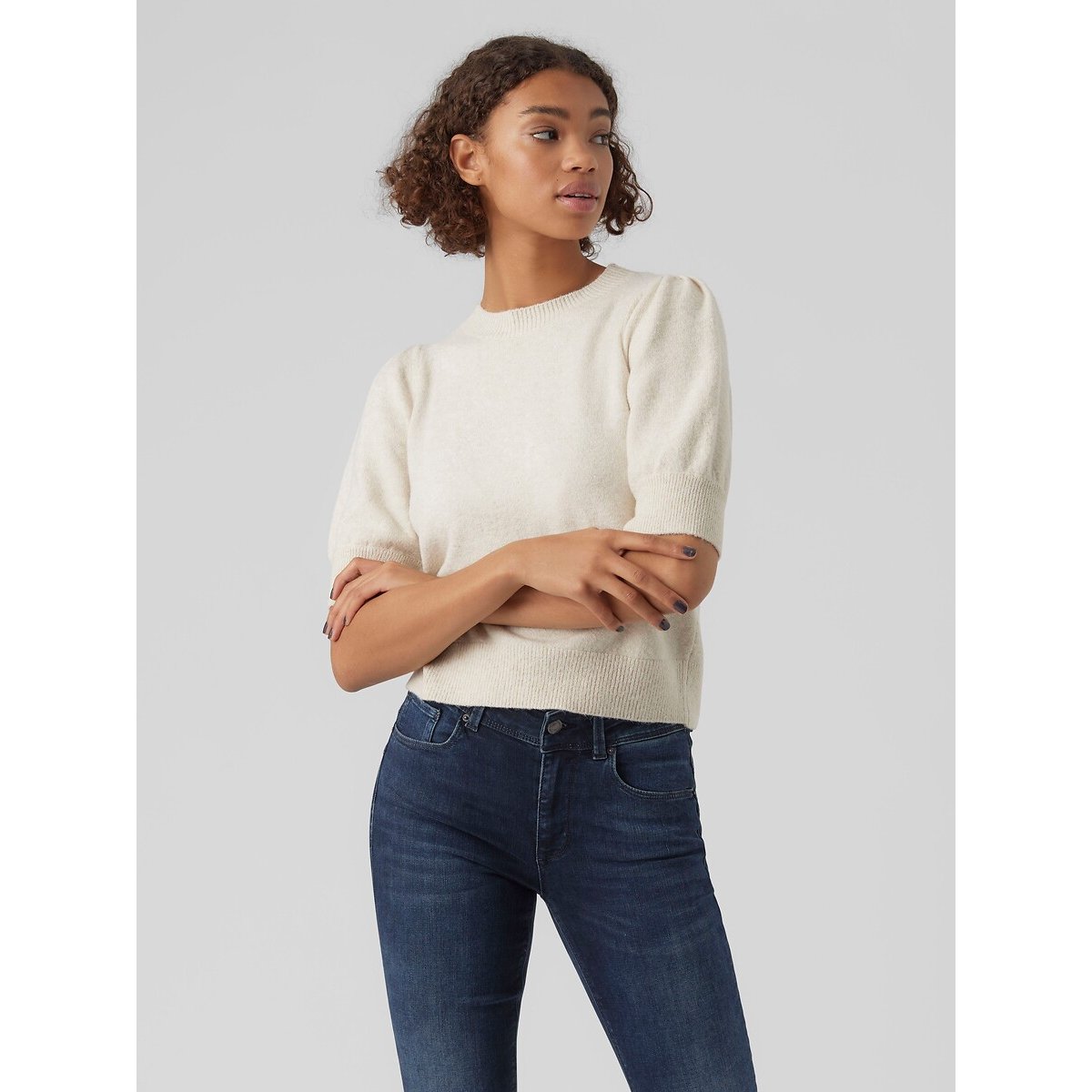 Crew Neck Jumper with 3/4 Length Sleeves ecru , VERO MODA