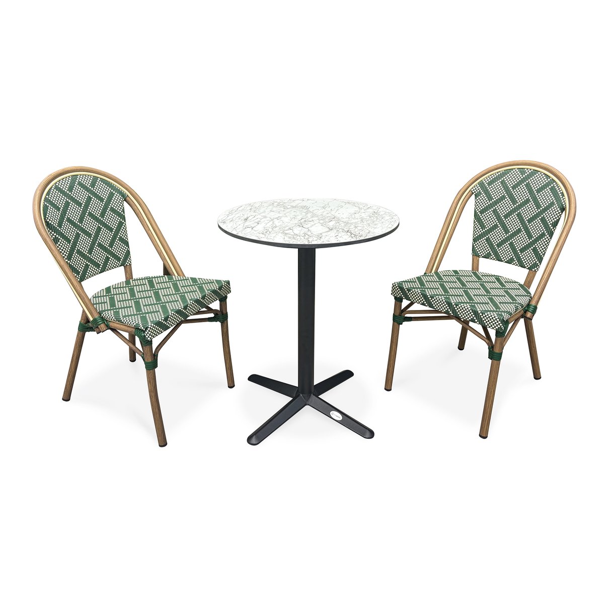Ensemble repas de jardin 2 places en acier et plateau rond en HPL BISTRO vert, CITY GARDEN
