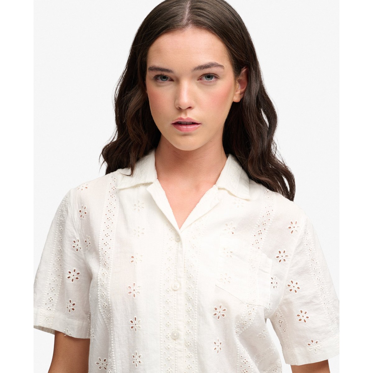 Chemise à manches courtes Heritage Broderie blanc cassé, SUPERDRY