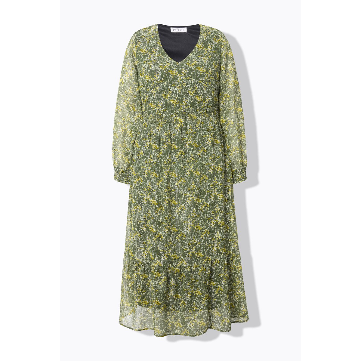 Robe maxi coupe évasée, imprimé à fleurs vert mousse, STUDIO UNTOLD