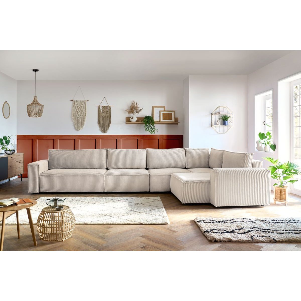 Canapé modulable 6 places en velours côtelé, NIHAD beige, BOBOCHIC