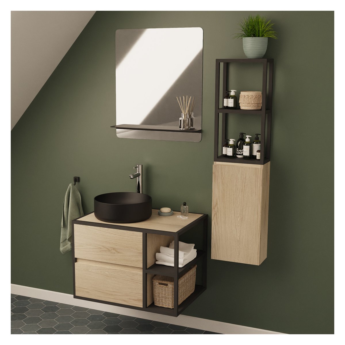 Meuble simple vasque 70 cm EDISSON décor chêne, MOB IN
