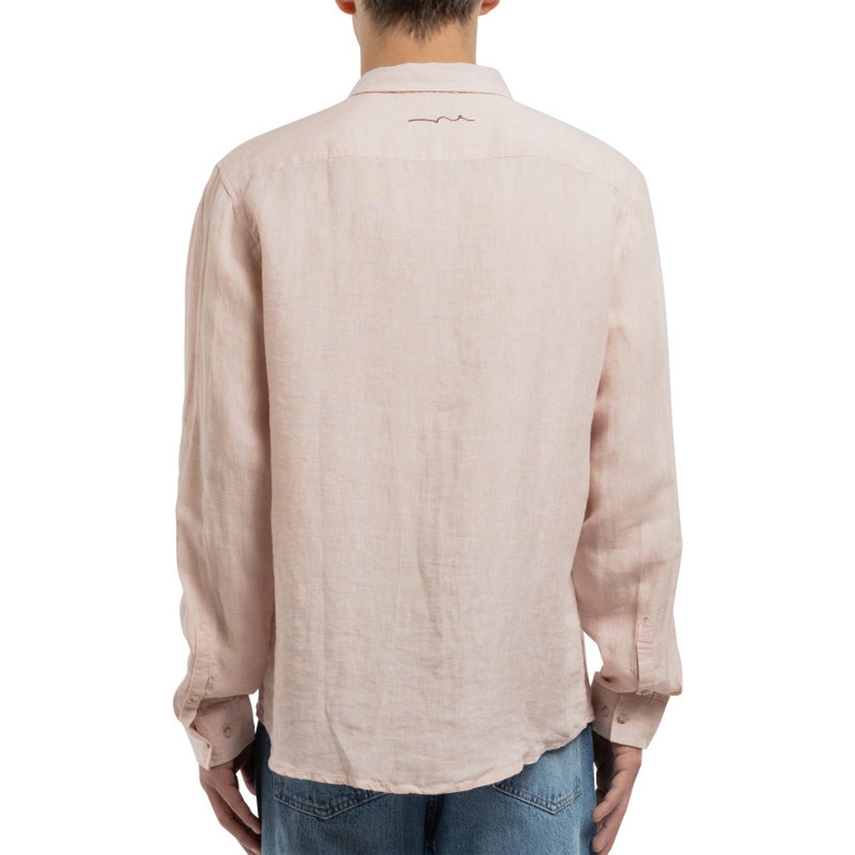 Chemise en lin bleu clair unie avec une coupe droite et un col français rose, TEDDY SMITH