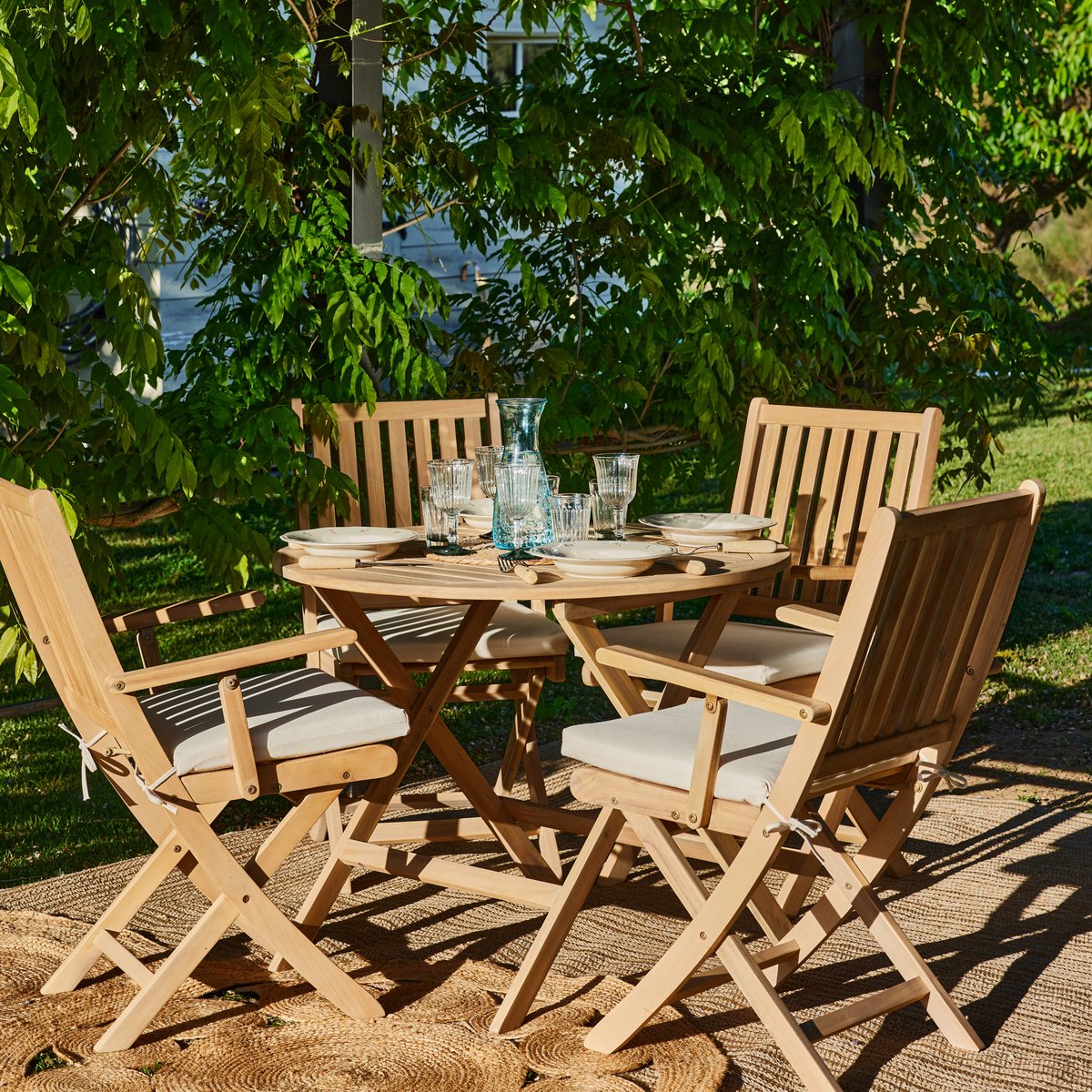 Salon de jardin, 4 chaises, JAVA LIGHT bois clair, coussin écru, DEFORA HOME