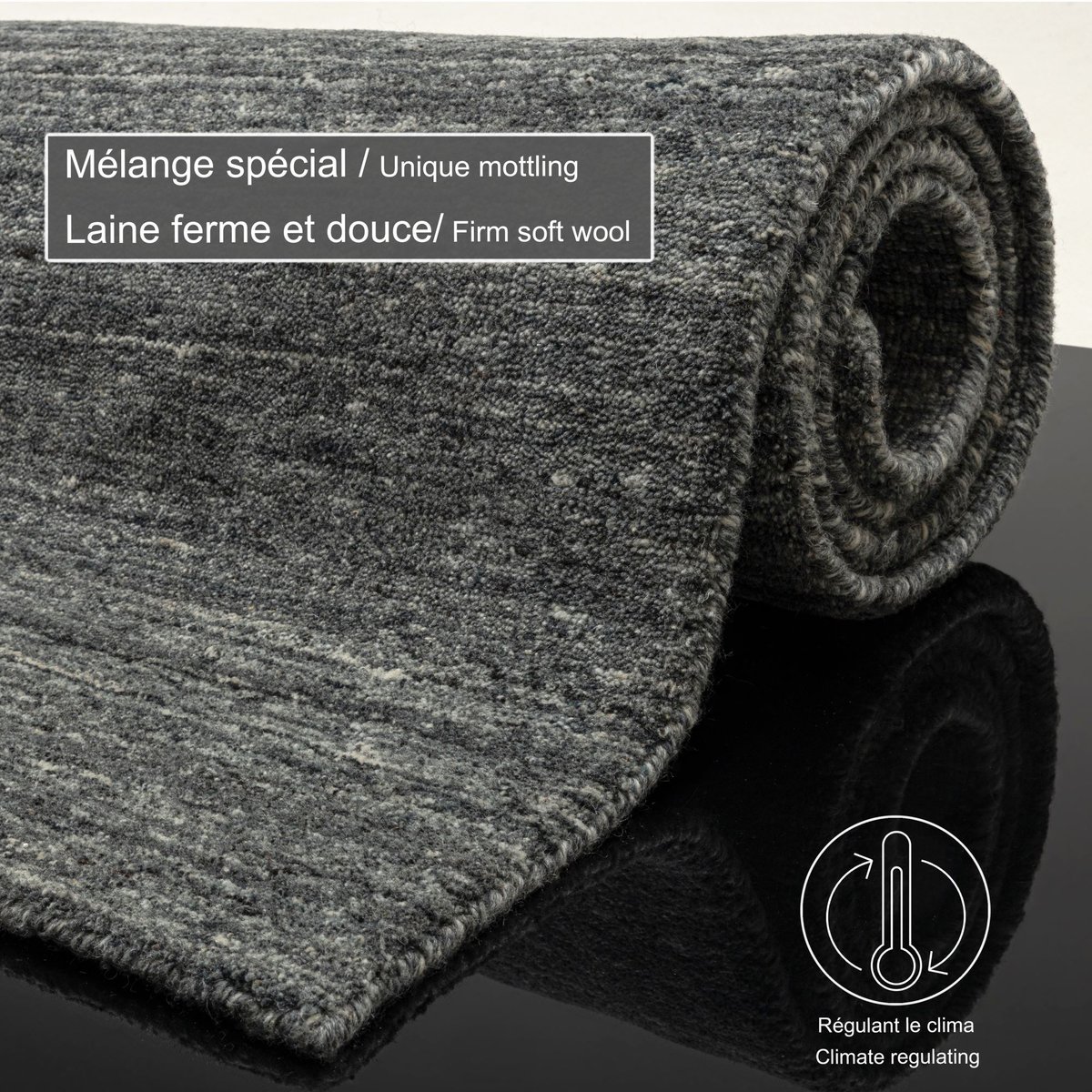 Tapis de salon uni en laine tissé main - PURE anthracite, THEKO
