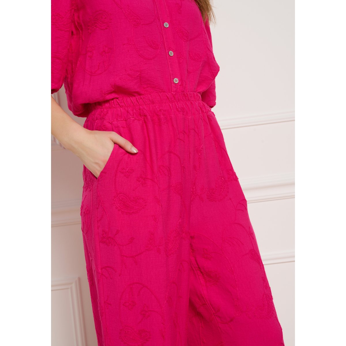 Pantalon brodé fluide fuchsia, LOLALIZA