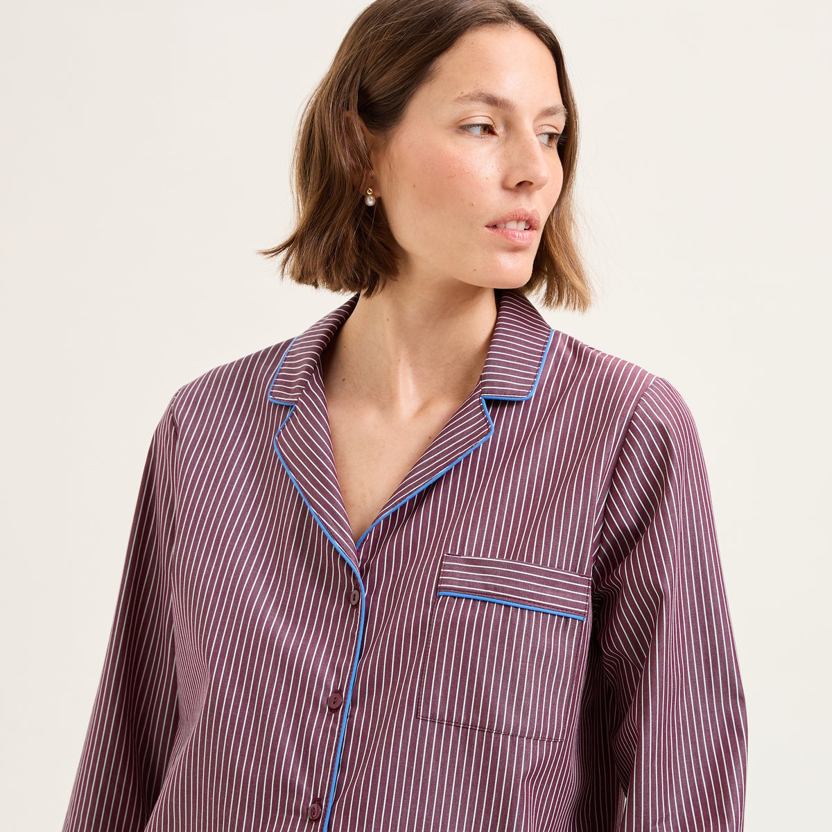 Pyjama col tailleur en popeline de coton ESSENTIEL RAYÉ raisin, LAURENCE TAVERNIER