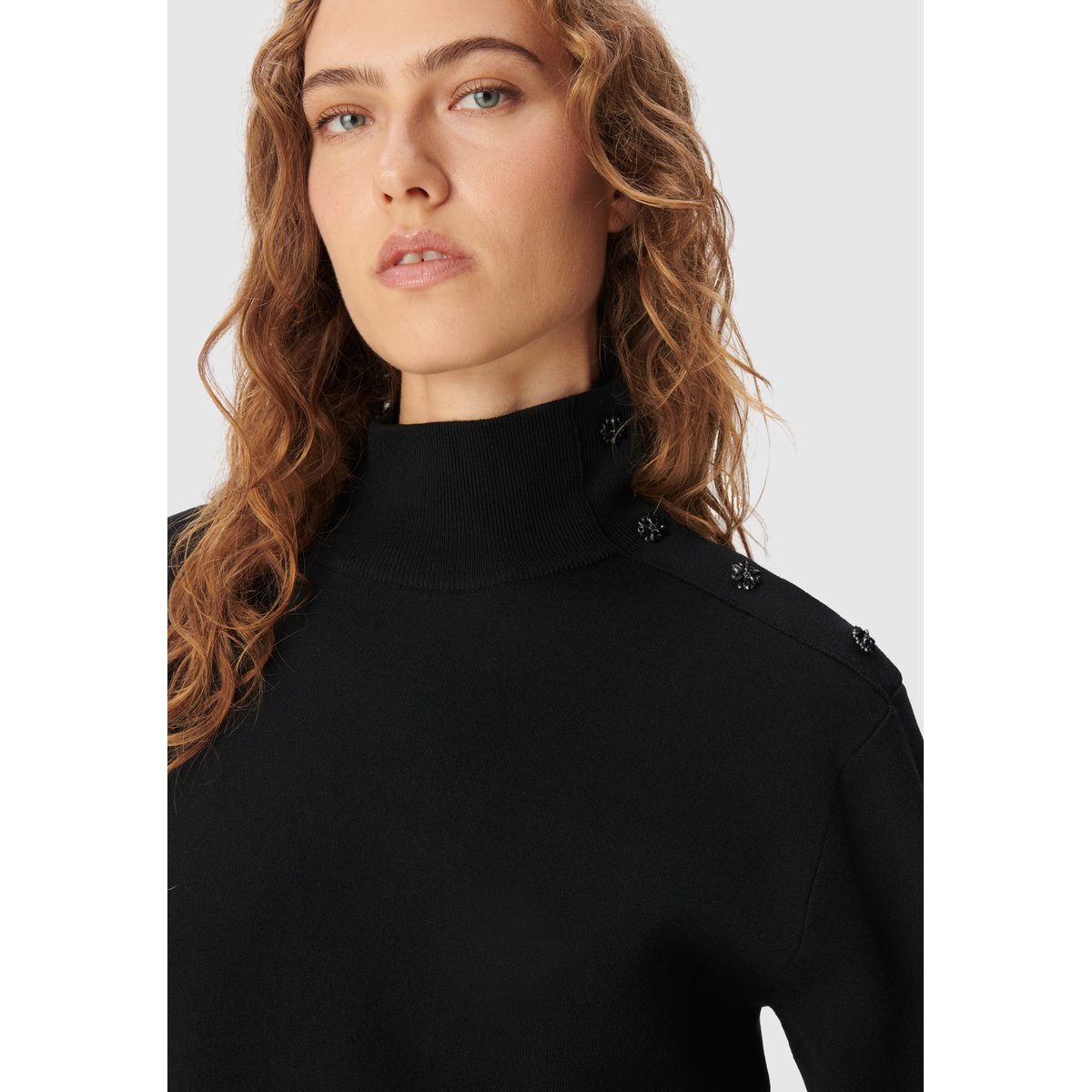 Pull tricot boutons strass épaules noir, IKKS