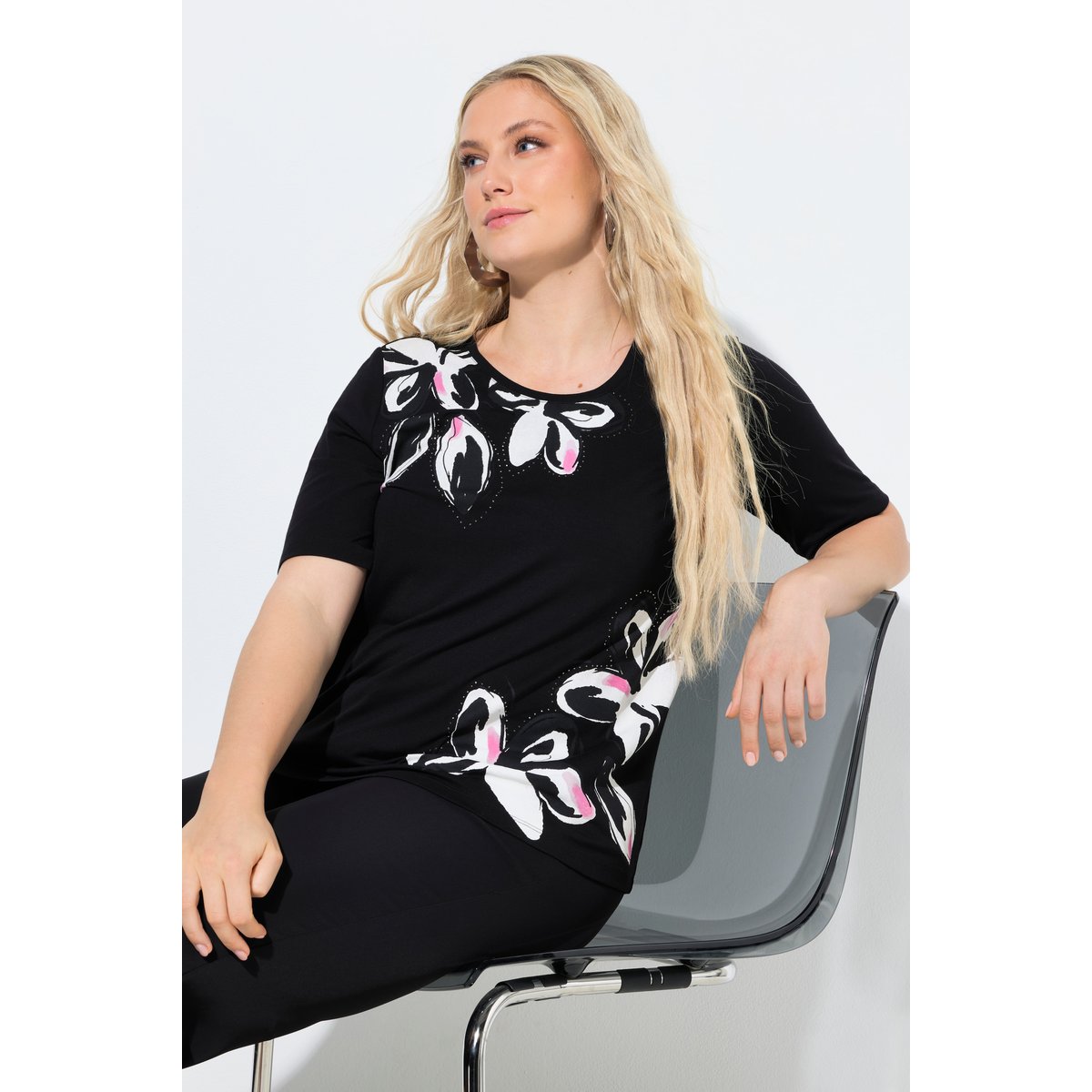 T-shirt motif floral et strass fantaisie noir, ULLA POPKEN