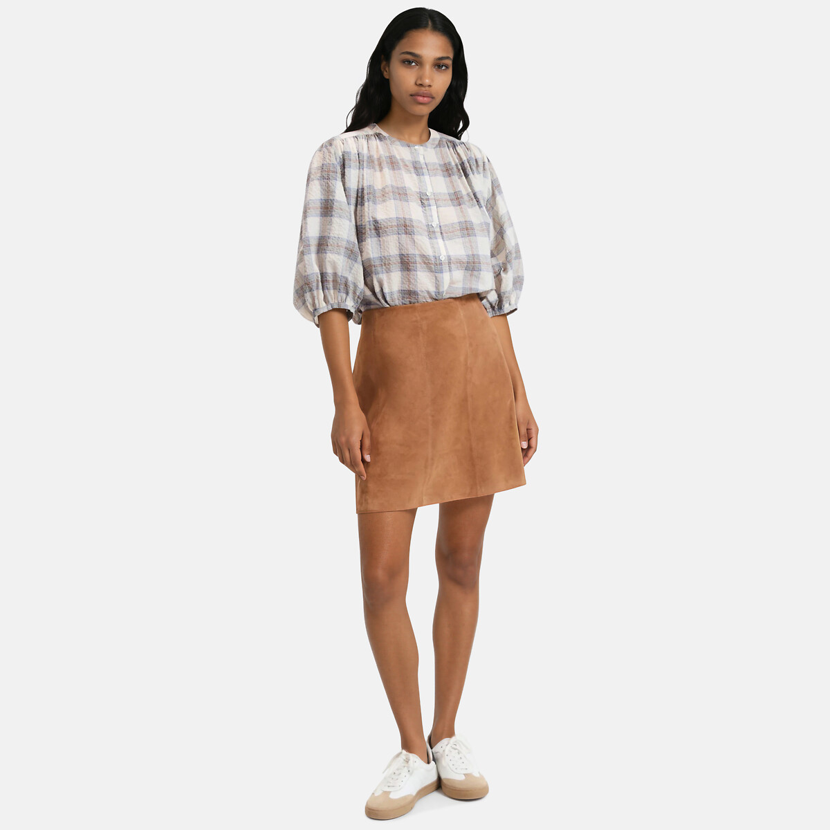 Jupe évasée en cuir de mouton, courte marron camel, LA REDOUTE COLLECTIONS
