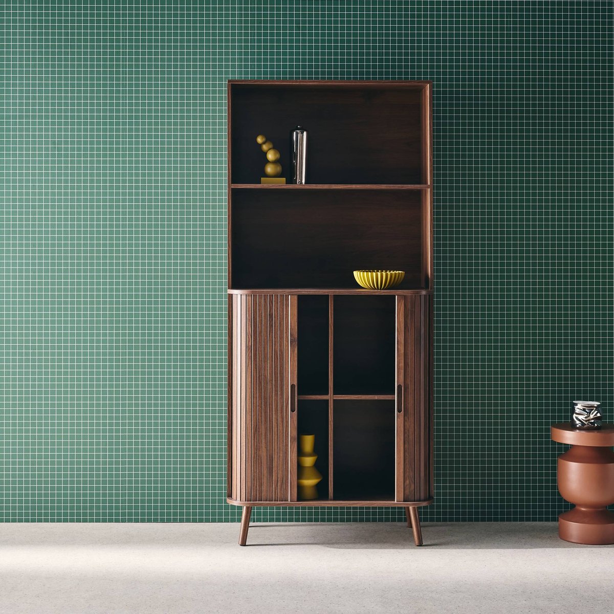 Etagère bibliothèque décor bois rainuré 2 portes coulissantes 4 niveaux LEGACY naturel, SWEEEK