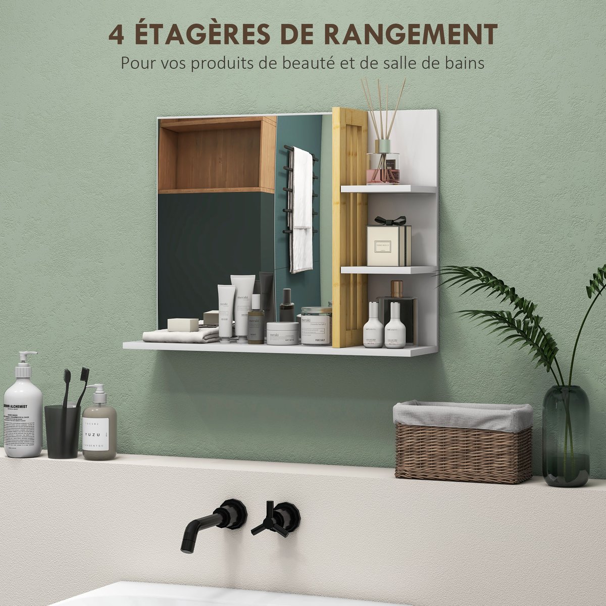Miroir de salle de bains Bambou Blanc blanc, HOMCOM